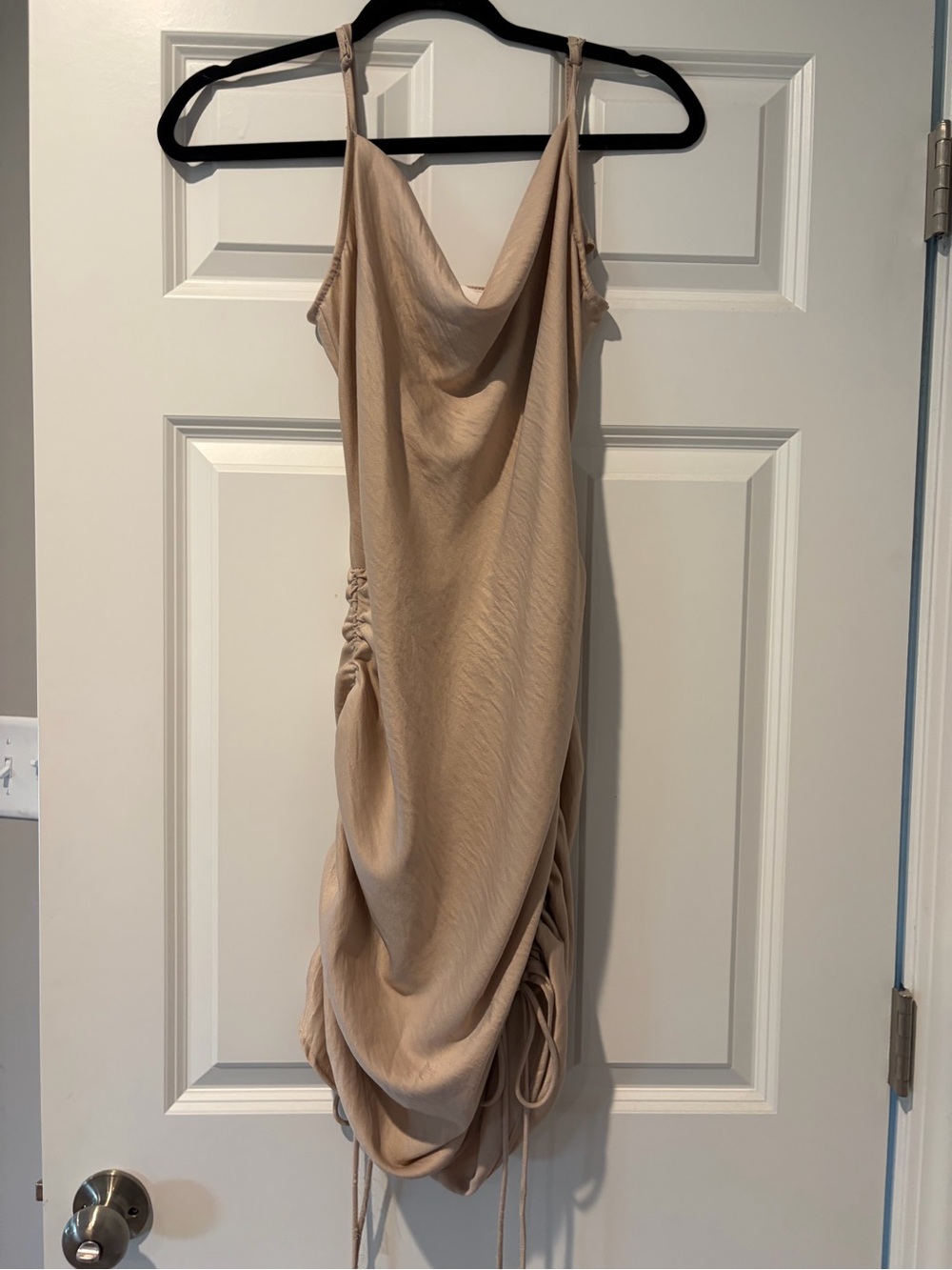 By Together Beige Cowl Ruched Mini Dress